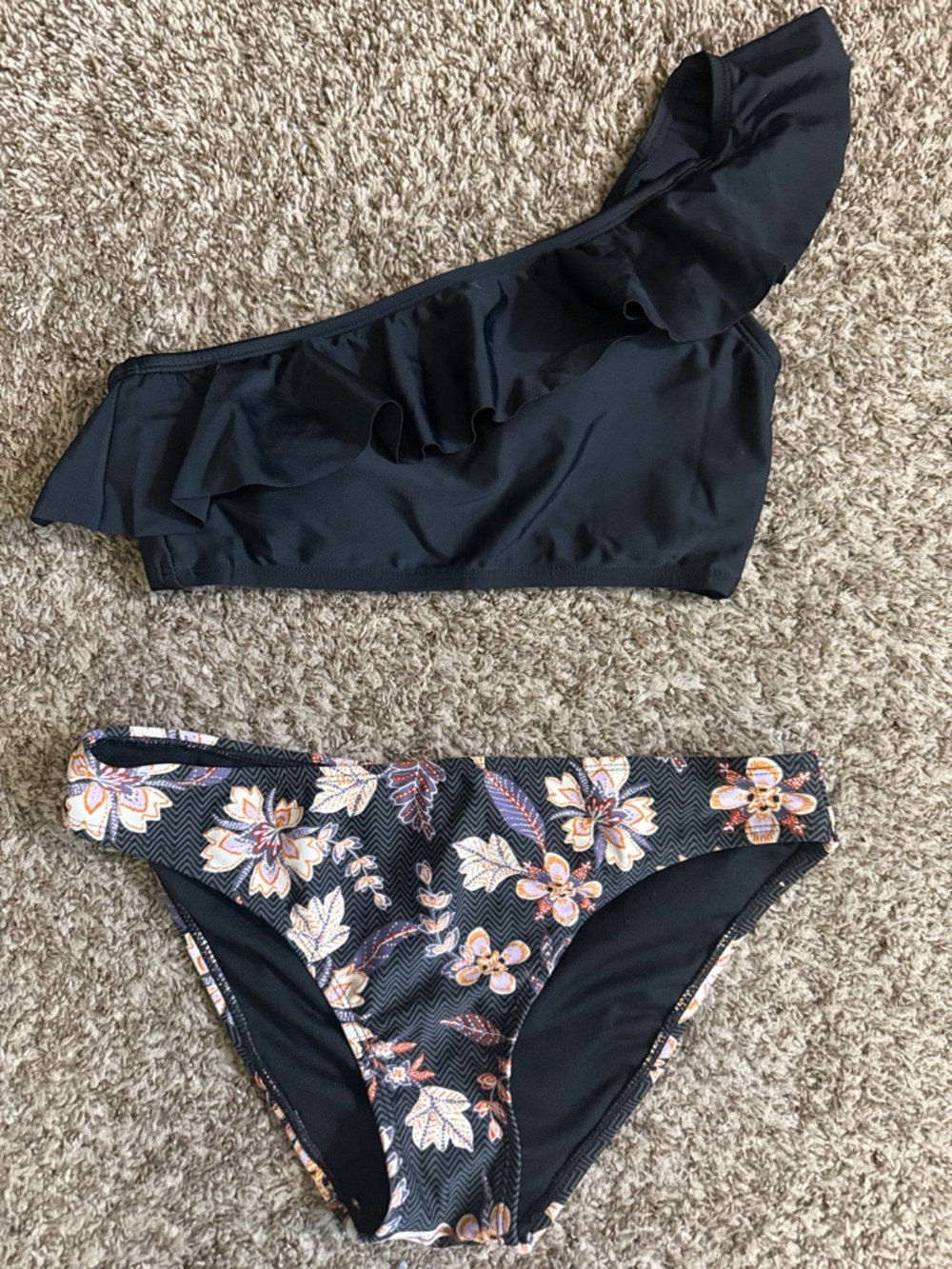 Target Black One-Shoulder Ruffle Bikini Top with Floral Bikini Bottom
